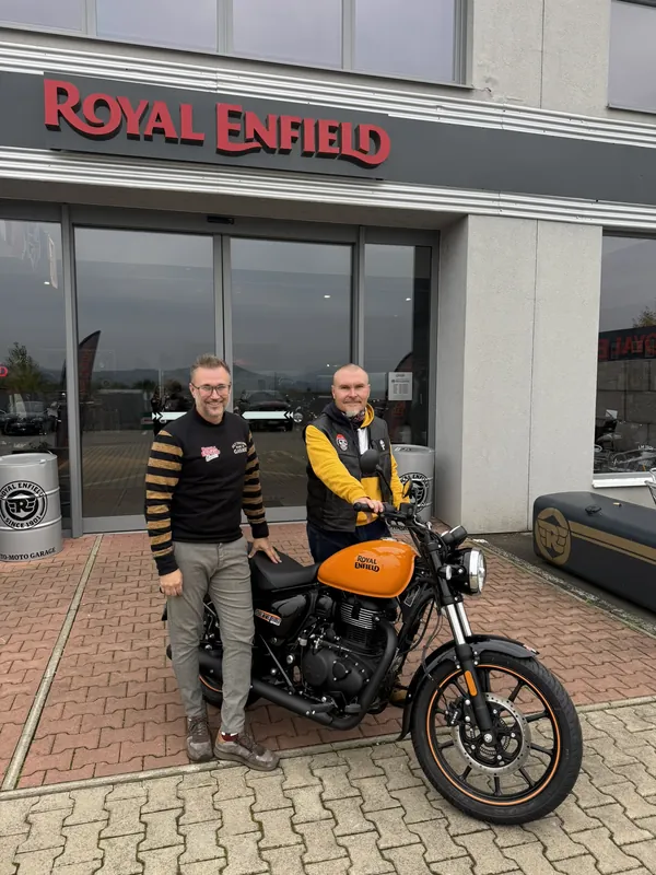 GARAGE customer at the handover of a new Royal Enfield motorcycle