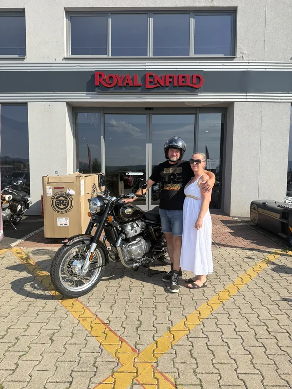 GARAGE customer at the handover of a new Royal Enfield motorcycle