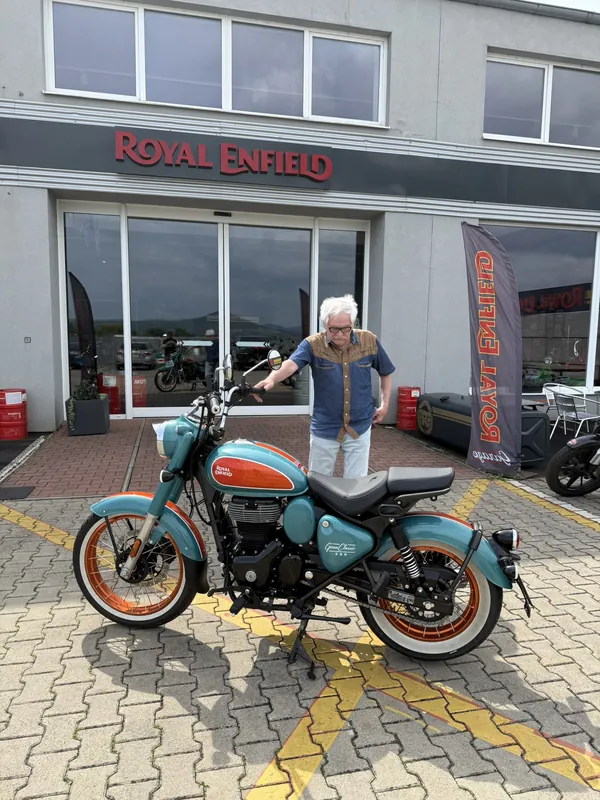 GARAGE customer at the handover of a new Royal Enfield motorcycle