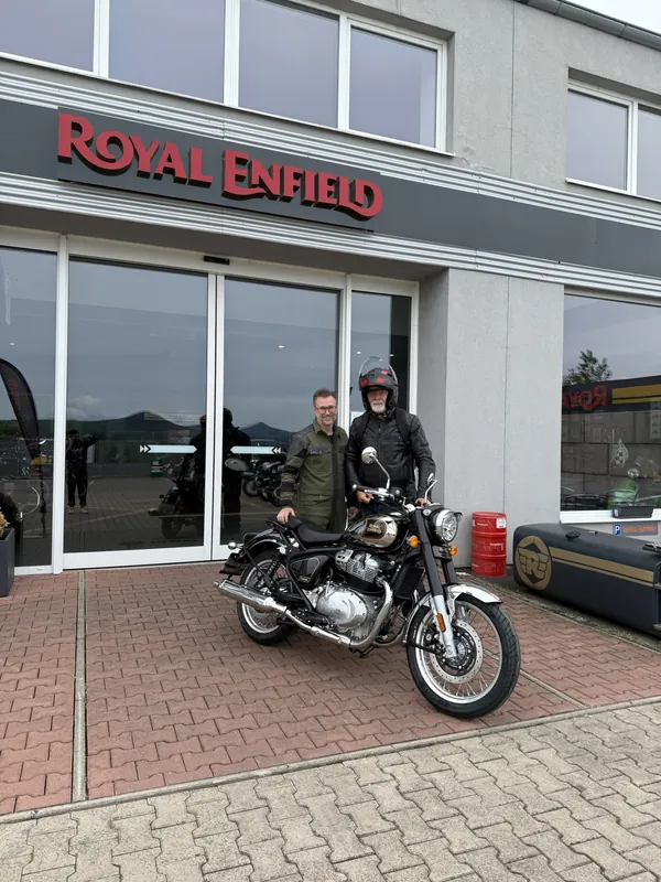GARAGE customer at the handover of a new Royal Enfield motorcycle