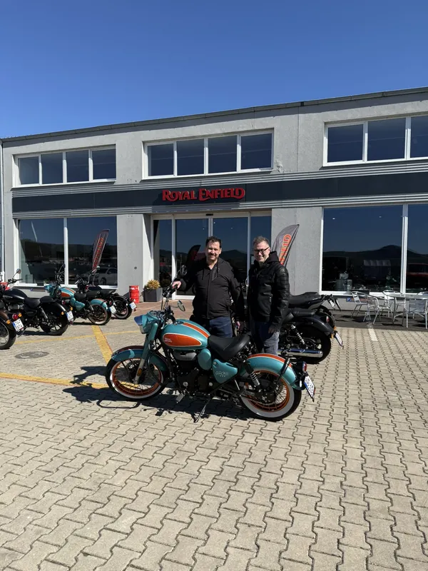 GARAGE customer at the handover of a new Royal Enfield motorcycle