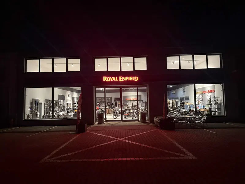 Entrance to the Royal Enfield showroom in the evening
