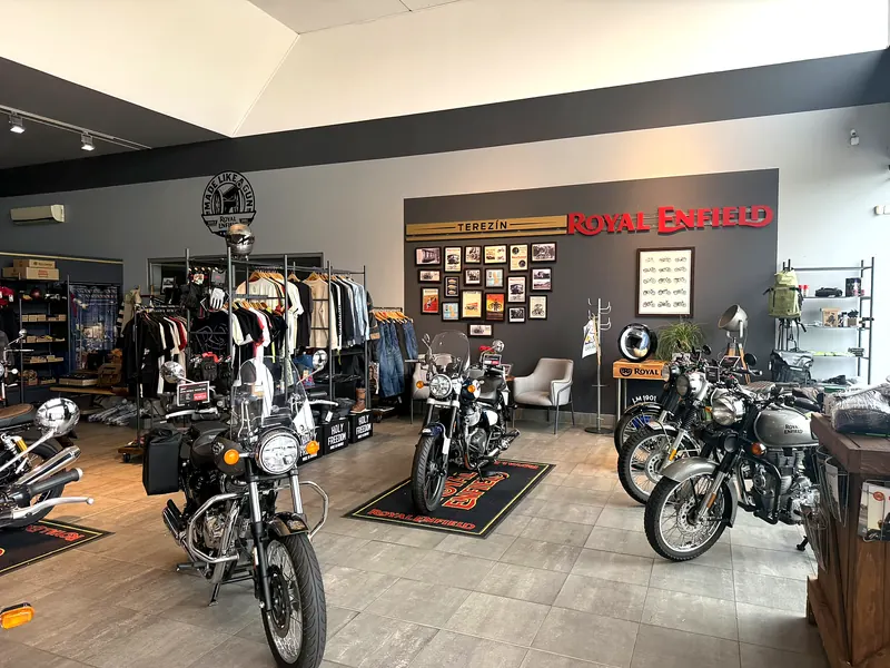 Motorcycles, clothing and accessories in the showroom