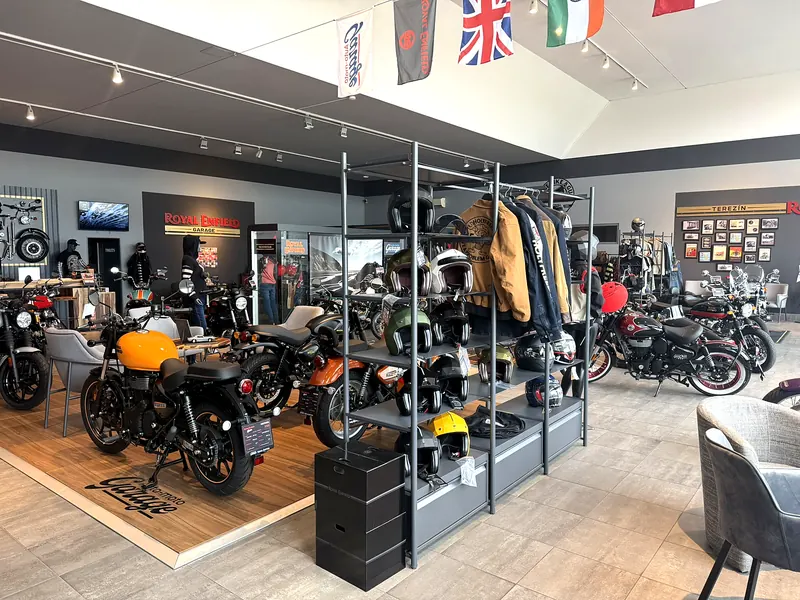Clothing for riders and motorcycles in the showroom