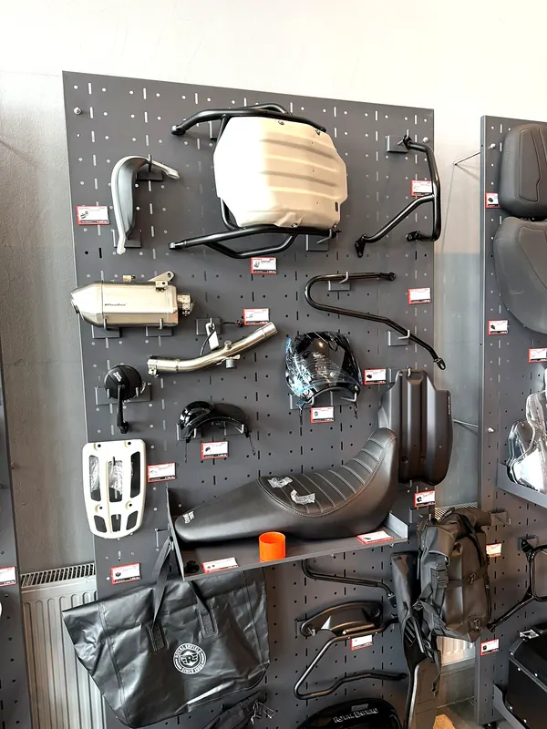 A wall with genuine Royal Enfield accessories